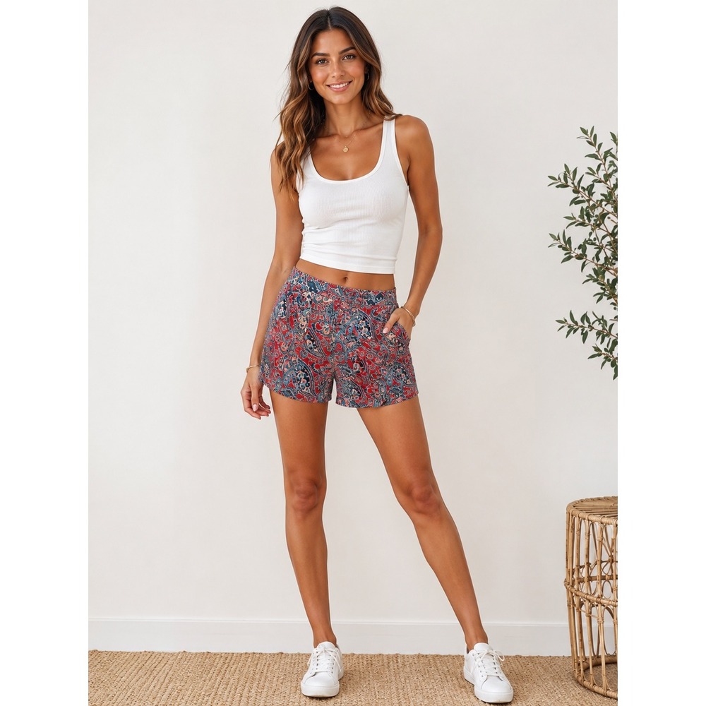 New‎ York & Company Paisley Shorts 6 Cotton Stretch Cuffed Boho Preppy Tennis